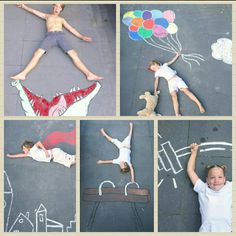 four pictures of children laying on the ground with balloons and kites in the air