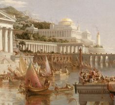 a painting of people on boats in the water near a bridge and building with columns