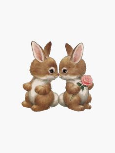 two brown rabbits sitting next to each other on top of a white surface and one has a pink rose in its mouth