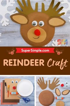 paper plate reindeer craft with the words reindeer craft on it and other crafts to make