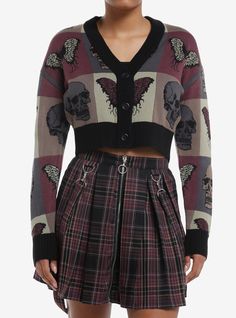 Layer up in this edgy cropped sweater! Featuring grunge color-blocking and skull and butterfly designs. Comes with buttons on the front and ribbed cuffs and hem. All Dolled Up, Hot Topic Outfits, Au Inspiration, Social Collision, Goth Sweater, Fem Fits, Folk Punk, Skull Butterfly, Posh Fashion