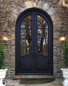 Arched Exterior Doors, Double Entry Door, Arched Front Door, Wrought Iron Front Door, Cottage Front Doors, Doors Entry, Black Arch, Iron Front Door, Iron Entry Doors