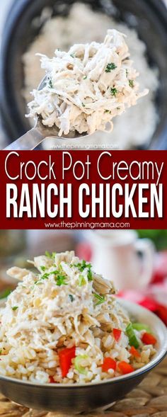 crock pot creamy ranch chicken is served in a bowl with rice and garnished with parsley