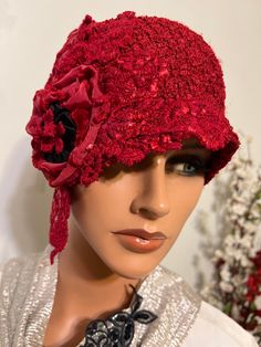 This is Ladies  red flapper hat cloche hat, has my hand made design, is in a version of my collection 20's style hats and accessories. I add a flavor of 20's and Modern, so you will look elegant and feminine, and also you can use it for any occasion. Hat made from red  soft polyester , adorned  floral is in antique hand artwork is in Millinery style. Measurement: Inside: 22 -up to 24- 24.5". Mannequin's head about 22". Check measure around your ears, flapper hat fit over them and low on the brow Red Brimmed Costume Hat One Size, Adjustable Cloche Hat In Flapper Style, Adjustable Cloche Flapper Hat, Vintage Red Fedora Hat, Winter Flapper Style Cloche Hat, Handmade Red Party Hat, Red Adjustable Cloche Hat For Party, Vintage Red Brimmed Cloche Hat, Red Brimmed Mini Hat