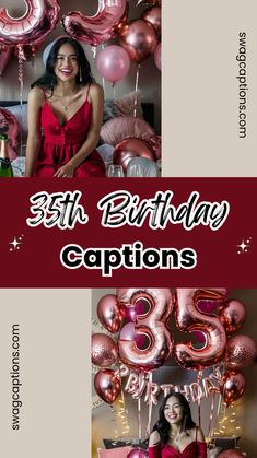 a woman in a red dress is posing for a photo with balloons and streamers