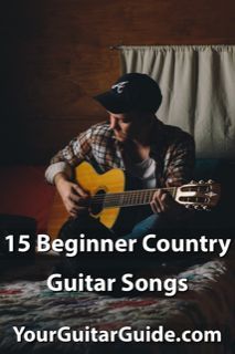 a man sitting on top of a bed with a guitar in his lap and the words, 15 beginer country guitar songs