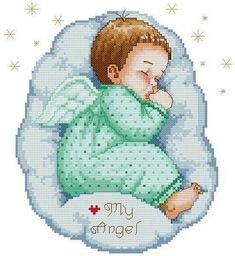 a cross stitch baby sleeping on a cloud with the words my angel written in it