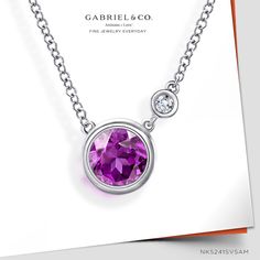 Pretty in purple. Crafted from polished sterling silver with a slim cable chain, this colorful necklace highlights a vivid bezel set amethyst center. A dainty .02ct round diamond provides the perfect subtle embellishment. This meaningful necklace is a perfect February birthday gift.NK5241SV5AM#GabrielNY#UniqueJewelry#FineJewelry#FashionJewelry#UniqueJewelry#GiftIdeas#DiamondJewelry#Jewelry#gabrieljewelry#UniqueGifts #Jewelry#Design#HandcraftedJewelry#Elegance#GoldNecklace#RoundAmethystNecklace Luxury Amethyst Birthstone Necklace, Fine Jewelry Amethyst Round Pendant, Luxury Purple Necklaces For Anniversary, Luxury Purple Necklace For Anniversary, Amethyst Round Pendant Fine Jewelry, Classic Purple Necklace For Anniversary, Classic Purple Amethyst Necklace, Classic Amethyst Purple Necklace, Fine Jewelry Purple Round Pendant Necklace