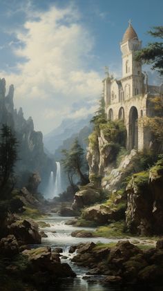 a painting of a castle on top of a mountain next to a river and waterfall