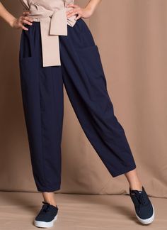 KAAREM - Canh Cropped Pocket Pant w/ Elastic - Dark Blue Versatile Cropped Pants With Side Pockets, Versatile Cropped Leg Pants With Pockets, Cotton Ankle-length Pants With Elastic Side Panels, Chic Relaxed Fit Harem Pants For Work, Versatile Loose Fit Harem Pants For Work, Loosely Fitted Harem Pants With Elastic Waistband For Work, Spring Tapered Leg Harem Pants With Side Pockets, Ankle-length Pants With Elastic Side Panels For Work, Spring Workwear Bottoms With Slip Pockets