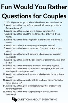 Get ready for an evening of laughter and bonding with our Would You Rather Questions for Couples. These questions are designed to ignite conversation and bring you closer together. Check out the full list in our article, and be sure to share your most amusing answers in the comments. Save this pin for a delightful twist on your next date night Date Night Questions, Fun Relationship, Questions For Couples, Rather Questions, Romantic Date Night Ideas, Would You Rather Questions