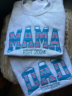 Embroidered hospital blanket Mama sweatshirt - Appliqué Mama sweatshirt - Mama gift - personalize mama crewneck - personalized embroidery gift the perfect way to how you welcomed your baby into the world! this sweatshirt is made with ash sweatshirt with provided hospital blanket.  This is a listing for both mom and dad sweatshirt.  YOU DO NOT NEED TO SEND ANYTHING IN.  this is embroidered applique. the blanket will start to look "used" as soon as it's touched. you will notice slight pulling of the fleece when delivered. this is normal wear for the blanket being used to soften up for new babies. Machine Embroidery Items To Sell, Mom Embroidered Sweatshirt, Mom And Dad Sweatshirts, Embroidery Machine Ideas, Mama Embroidered Sweatshirt, Boy Onesies, Momma Shirts, Hospital Blankets, Baby Vans