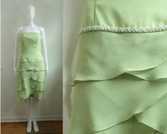 "Pretty cocktail party dress in lime green chiffon. Band of beads and tiered skirt details. Princess seamed bodice with boning to keep dresss in place. Looser cut through hips. Fully lined. condition: excellent color(s): pale green fabric(s): poly chiffon shell / polyester lining brand: none care: dry clean --- measurements --- ✩ size is estimated - please double check measurements for best fit estimated size: xs ✩ all measurements are taken with the item laying flat ✩ bust, waist, and hip measu Tiered Strapless Cocktail Dress, Tiered Strapless Dress For Summer Wedding, Fitted Strapless Tiered Dress For Prom, Elegant Strapless Dress With Tiered Skirt For Summer, Spring Wedding Strapless Tiered Dress, Spring Green Strapless Dress With Fitted Bodice, Green Ruffled Strapless Party Dress, Green Ruffled Strapless Dress For Party, Green Strapless Ruffle Dress For Party