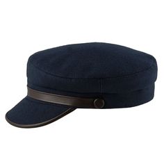 A Ringo cap made of high quality, warm wool. The piping on the visor, decorative strap and buttons are made of genuine leather. The inner lining is made of viscose and the sweatband is made of split leather. This model of cap is also known as fiddler cap or greek style fishermans cap. Blue Wool Cap, Navy Wool Cap, Classic Navy Wool Hat, Classic Navy Flat Cap, Navy Flat Cap For Winter, Fiddler Cap, Kids Winter Fashion, Peaked Cap, Greek Style