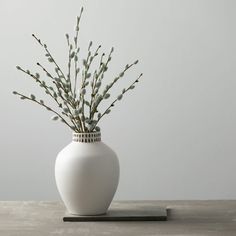 a white vase filled with lots of small green plants sitting on top of a wooden table