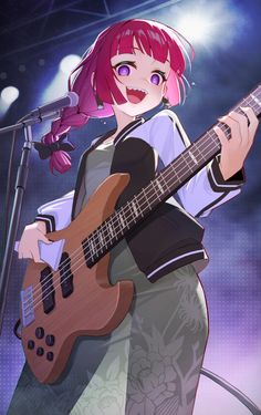 a girl with pink hair holding a guitar in front of a microphone and singing into a mic