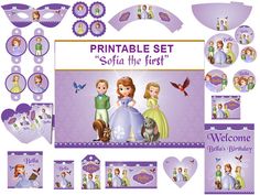 the princess and the frog printable set is shown in purple, with other items