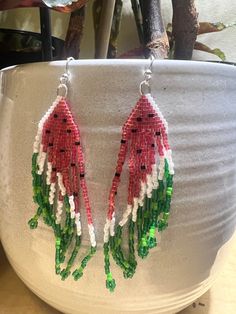 Fun watermelon beaded earrings! Summer Beaded Teardrop Jewelry, Fun Green Beaded Earrings For Summer, Green Beaded Earrings For Summer Fun, Teardrop Beaded Earrings For Summer, Green Beaded Fun Earrings, Handmade Green Beaded Earrings, Summer Large Beaded Drop Earrings, Summer Dangle Jewelry With Large Beads, Handmade Casual Beaded Earrings