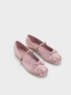 Pink Satin Bow Mary Jane Flats Charles And Keith Shoes, White Ballet Flats, Pink Flats, Pink Girly Things, Faux Leather Heels, Pointe Shoes, Charles Keith, Mary Jane Flats, Satin Bow