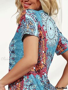 Olivia Mark - Mandala Floral Print T-shirt, Casual V Neck Petal Sleeve Summer T-shirt, Women's Clothing Mandala Floral, Petal Sleeve, T Shirt Women, Summer Tshirts, Olivia Mark, Types Of Printing, Print T Shirt, Collar Styles, Women's Clothing