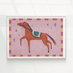 a drawing of a horse on a pink background