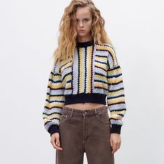 Zara Multicolored Striped Wool/ Alpaca Blend Sweater. Long Sleeves. Cropped. Please Let Me Know If You Need Measurements. Casual Striped Zara Sweater, Yellow Color Block Knit Sweater, Zara Multicolor Sweater For Spring, Zara Multicolor Spring Sweater, Spring Multicolor Zara Sweater, Zara Yellow Winter Sweater, Zara Yellow Sweater For Spring, Zara Multicolor Winter Sweater, Zara Multicolor Crew Neck Sweater