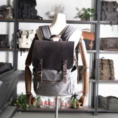 Vintage Casual Canvas Laptop Backpack - Woosir Waxed Canvas Backpack With Canvas Lining In Satchel Shape, Waxed Canvas Backpack With Canvas Lining, Rugged Canvas Backpack For Everyday, Rugged Canvas Backpack, Waxed Canvas Satchel Backpack, Canvas Backpack With Leather Trim, Daily Use Leather Backpack With Canvas Lining, Rugged Canvas Backpack With Leather Backing, Daily Use Leather Backpack With Waxed Canvas Lining