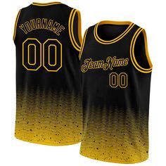 Custom Black Gold Fade Fashion Authentic City Edition Basketball Jersey Black Sleeveless Jersey For Team Spirit, Collegiate Black Tops With Custom Print, Collegiate Style Black Tops With Custom Print, Sleeveless Black Jersey With Team Logo, Black Team Logo Jersey For Basketball, Black Basketball Jersey With Team Logo, Black Sleeveless Team Spirit Jersey, Basketball Jersey With Letter Print, Black Basketball Jersey With Letter Print