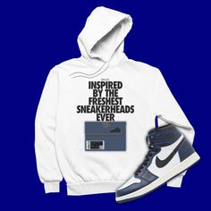 This sneaker match hoodie is the perfect sweatshirt to match your Jordan 1 High OG Midnight Navy. Super soft and will make a great gift for sneakerheads or sneaker collectors. * Style: Pullover Hoodie - Shoes not included * Materials: 100% cotton. Dark Heather is 65% polyester, 35% cotton * Shirt Size: S, M, L, XL, 2XL, 3XL, 4XL, 5XL * Custom Made: Not Jordan Brand or Nike ● We strive to color-match the actual sneakers. When an exact color match is unattainable we use the closest color code avai Urban Sweatshirt For Sports Season Streetwear, Urban Sweatshirt For Streetwear During Sports Season, Athleisure Graphic Print Sweatshirt For Streetwear, Sporty Drawstring Hood Sweatshirt For Streetwear, Sporty Sweatshirt With Drawstring Hood For Streetwear, Sporty Streetwear Sweatshirt With Drawstring Hood, Varsity Hoodie With Letter Print For Streetwear, Casual Hoodie With Logo For Sports Events, Casual Hoodie Sweatshirt For Light Sports