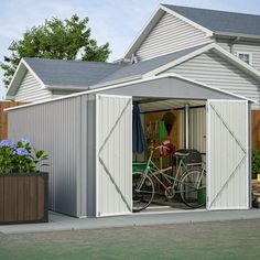 a garage with a bicycle parked inside it