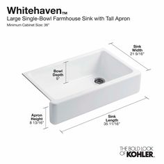 a white sink with measurements for it