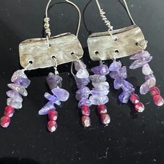 Thank You For Looking At These Newly Created Solid Sterling Silver Earrings. These Earrings Are One Of A Kind, And Are Created With Antique Victorian Sterling Silver That Is Repurposed, And Genuine Natural Untreated Purple Amethyst Chandelier 12.3 Grams For Both Earrings, From The Top Of The Hook To The Bottom Is 3" Inches X 1.25" Sterling Silver Is Tested And Guaranteed The Beads Are Czech Glass Gemstone, Art Nouveau, Silverware, Spoon Ring, Spoon Jewelry Scrap, Rustic ,Imperfectly Perfect, Sou Handmade Purple Sterling Silver Earrings, Adjustable Lavender Sterling Silver Earrings, Lavender Sterling Silver Dangle Jewelry, Silver Amethyst Earrings With Ear Wire, Lavender Sterling Silver Earrings With Ear Wire, Unique Amethyst Earrings With Natural Stones, Unique Amethyst Purple Earrings, Handmade Lavender Sterling Silver Jewelry, Silver Fusion Earrings With Natural Stones