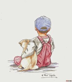 a drawing of a boy and his dog sitting on the ground with their backs to each other