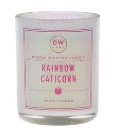 a white candle with pink lettering on it and the words rainbow caticorn written in red