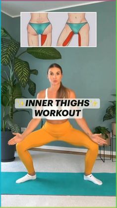 a woman in yellow pants is doing an exercise with the words inner thighs workout