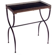 a small table with a black top and metal frame on the legs, against a white background