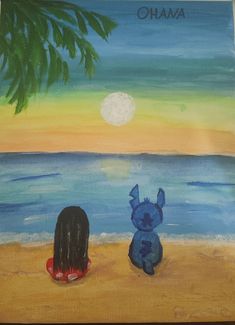 an acrylic painting of two children sitting on the beach