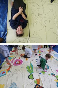 two photos side by side, one is laying on the ground and the other shows children drawing