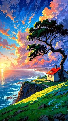 a painting of a sunset over the ocean with a house on top of a hill