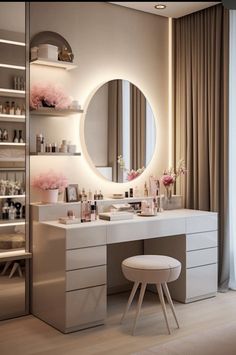 a bathroom with a vanity, mirror and stool in front of the countertop is lit by lights