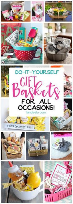 different pictures with the words do - it - yourself gift baskets for all occasions on them