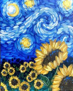 a painting of sunflowers and the night sky