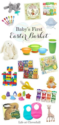 the baby's first easter basket includes toys, books and other items to be packed in