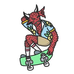 a drawing of a demon riding a skateboard