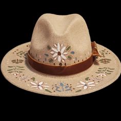 I Hand Painted This Hat, Added Ribbon, Feathers, And A Pin. It Is A Medium Size With An Adjustable String Inside. I Have A Small Head And It Can Be Made To Fit Me. Boho Hand Painted Hats, Hand Painted Western Hat, Boho 2024, Hat Burning, Felt Cowboy Hat, Felt Cowboy Hats, Painted Hats, Small Head, Custom Hand Painted