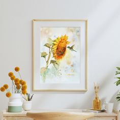 Sunflower Watercolor Painting Sunflower Watercolor Painting, Sunflower Watercolor, Background Sky, The Sunflower, Watercolor Sunflower, Orange And Yellow, Painting Wall, Painting Frames, Framed Wall