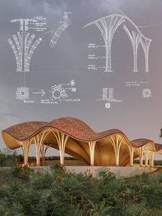 an architectural rendering of a pavilion in the middle of a field with trees and bushes