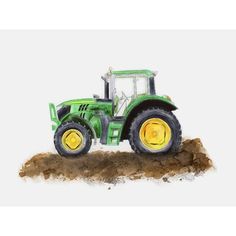 a drawing of a green tractor in the middle of a dirt field on a white background