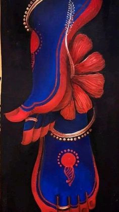 a painting of a blue and red shoe with flowers on it