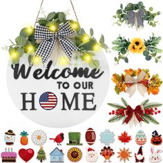 welcome to our home sign surrounded by wreaths and magnets with lights on them